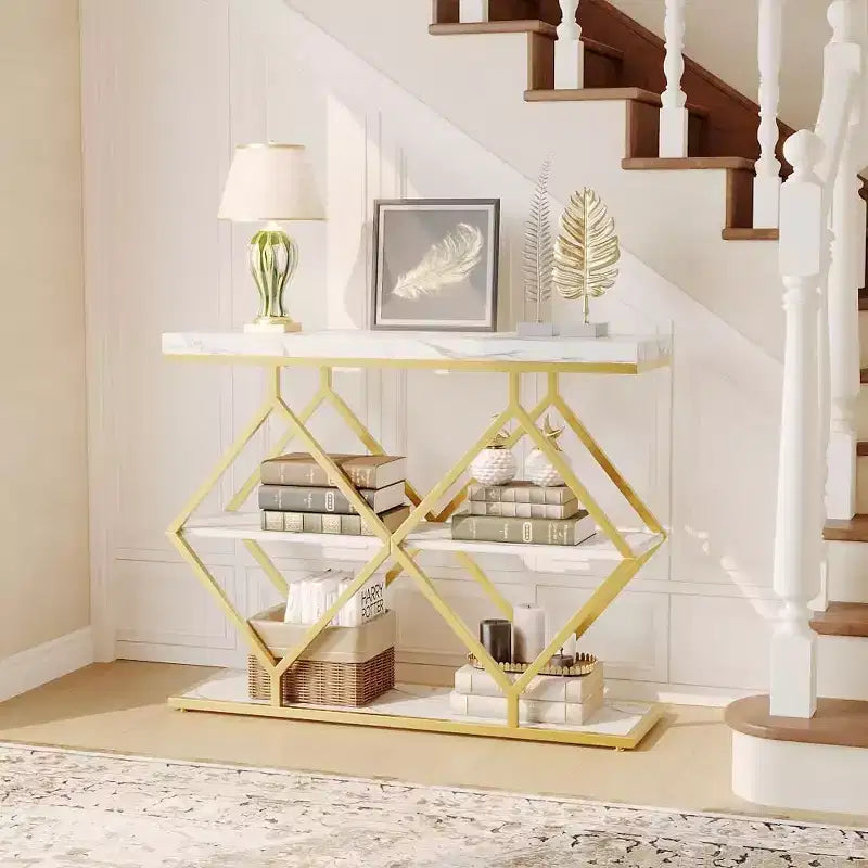 3-Tier Industrial Entryway Table with Diamond Metal Frame, Storage Shelf for Hallway