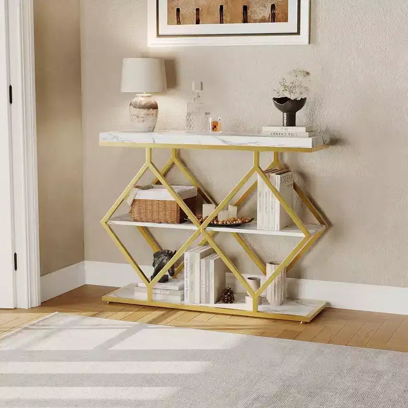 3-Tier Industrial Entryway Table with Diamond Metal Frame, Storage Shelf for Hallway