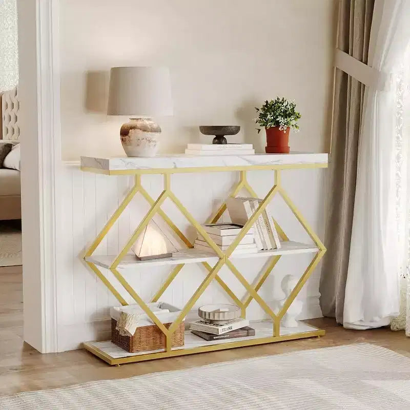 3-Tier Industrial Entryway Table with Diamond Metal Frame, Storage Shelf for Hallway