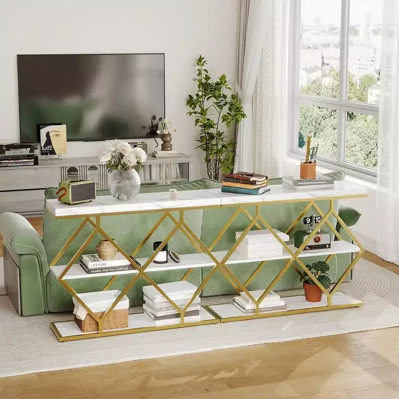 3-Tier Industrial Entryway Table with Diamond Metal Frame, Storage Shelf for Hallway