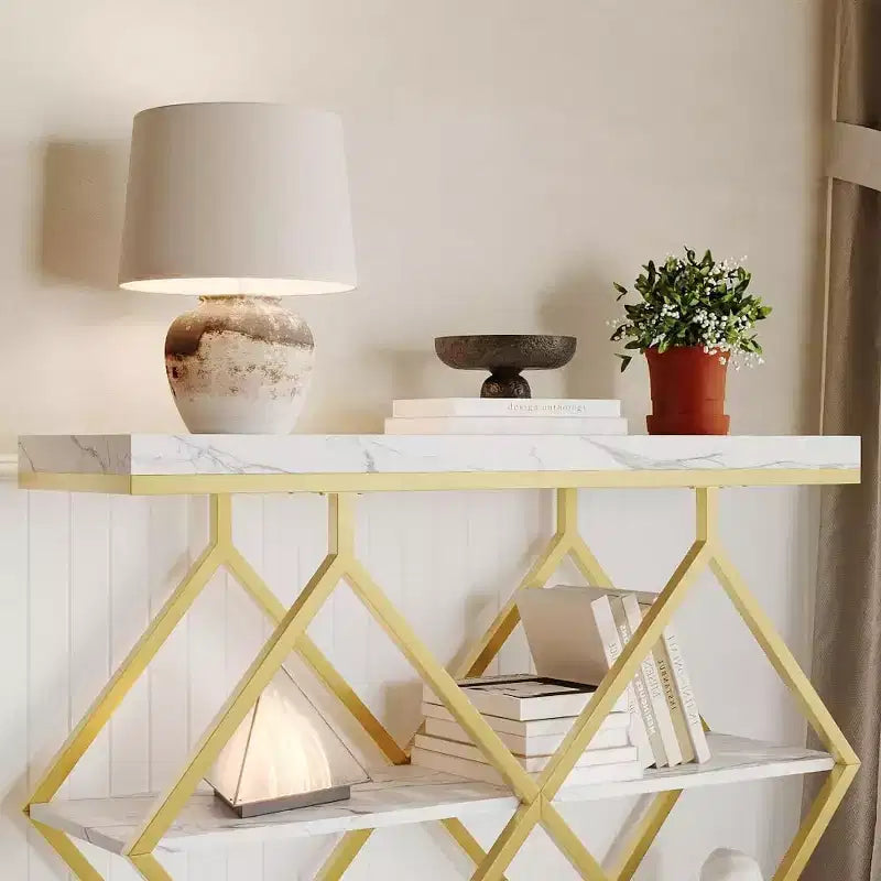 3-Tier Industrial Entryway Table with Diamond Metal Frame, Storage Shelf for Hallway