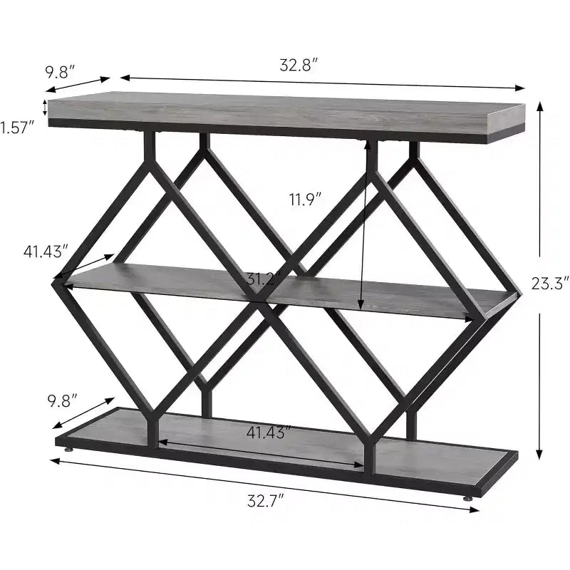 3-Tier Industrial Entryway Table with Diamond Metal Frame, Storage Shelf for Hallway