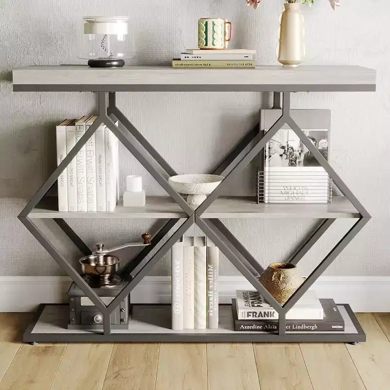 3-Tier Industrial Entryway Table with Diamond Metal Frame, Storage Shelf for Hallway
