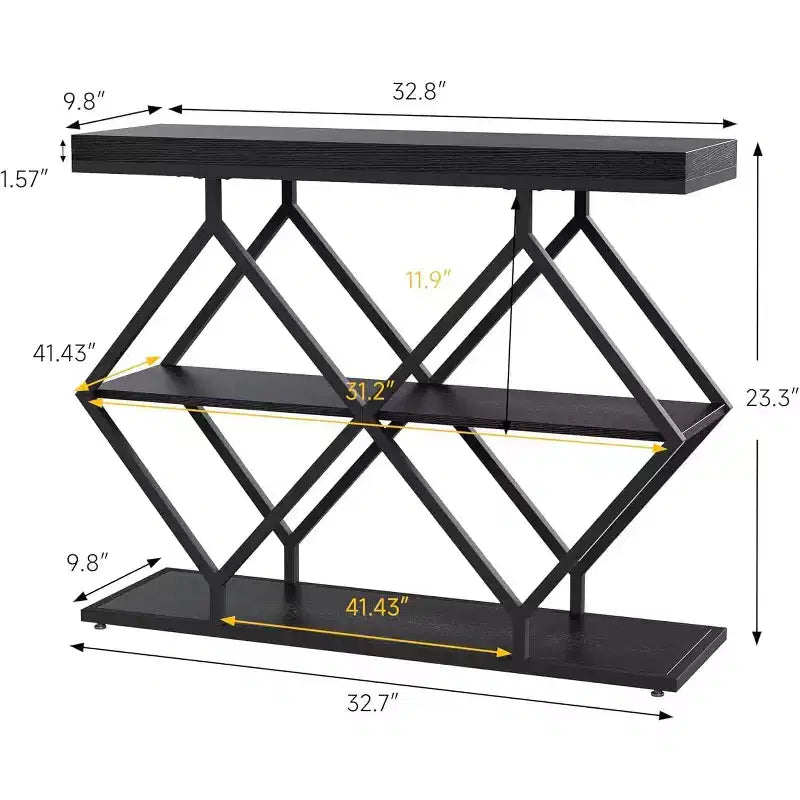 3-Tier Industrial Entryway Table with Diamond Metal Frame, Storage Shelf for Hallway