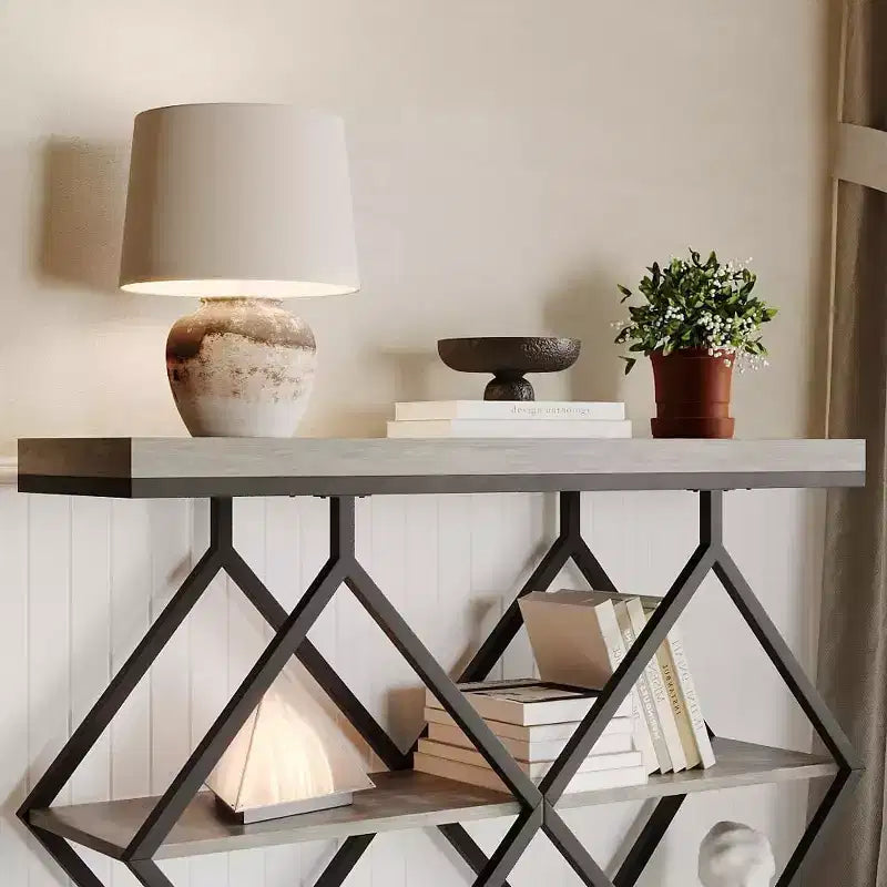 3-Tier Industrial Entryway Table with Diamond Metal Frame, Storage Shelf for Hallway