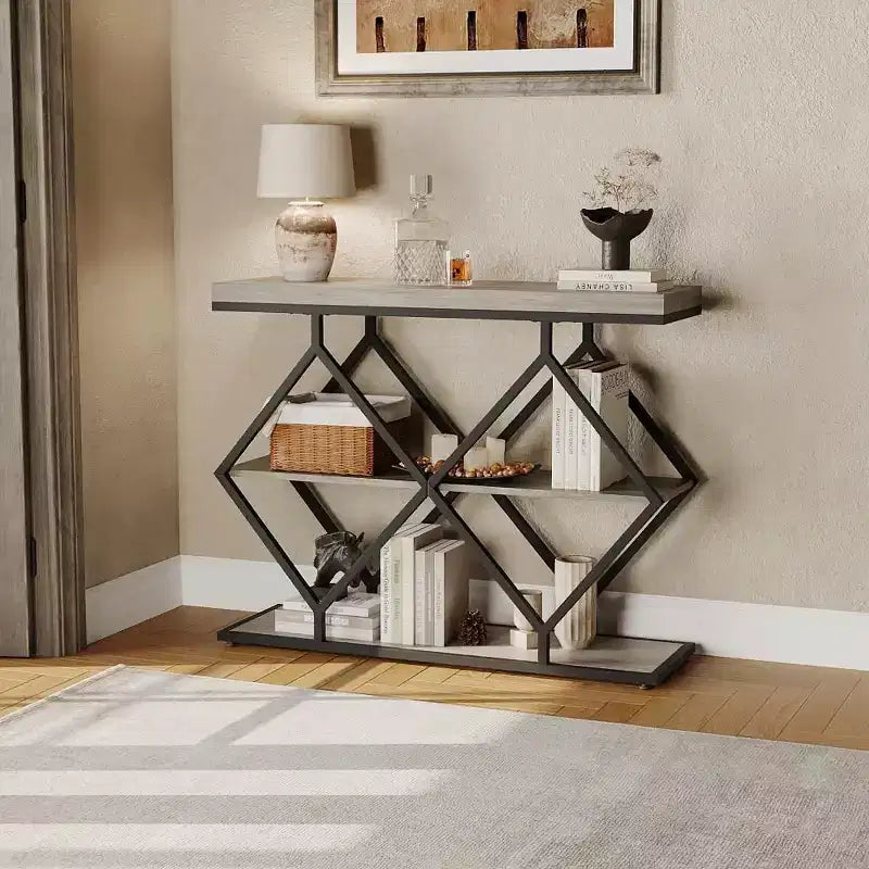 3-Tier Industrial Entryway Table with Diamond Metal Frame, Storage Shelf for Hallway