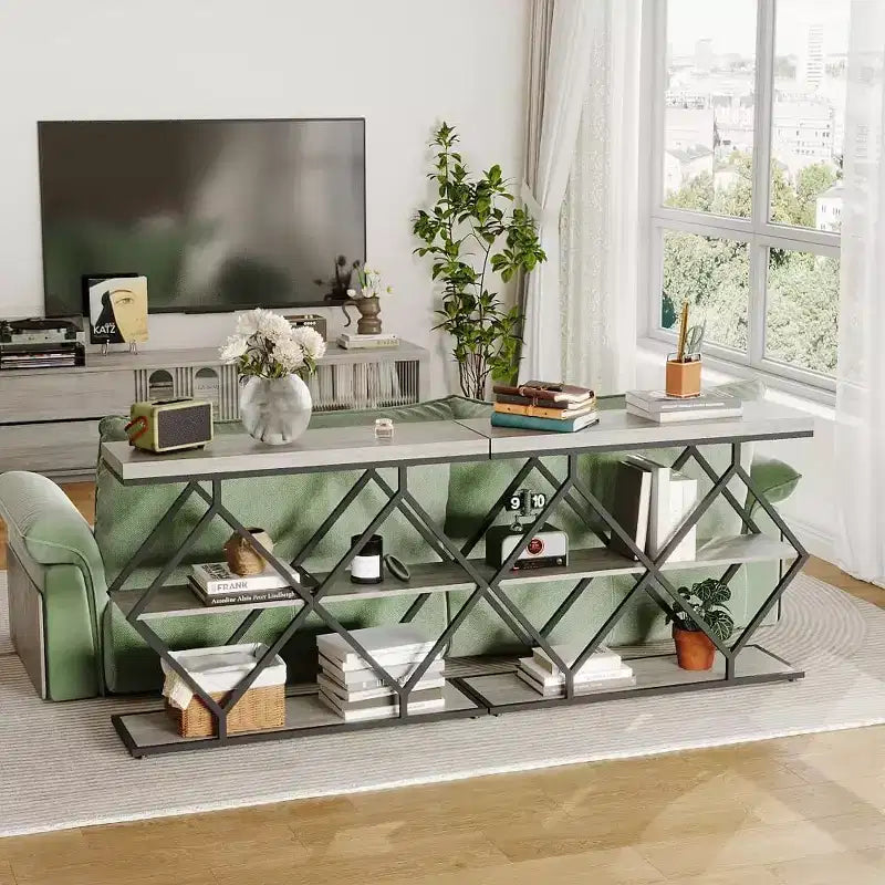 3-Tier Industrial Entryway Table with Diamond Metal Frame, Storage Shelf for Hallway