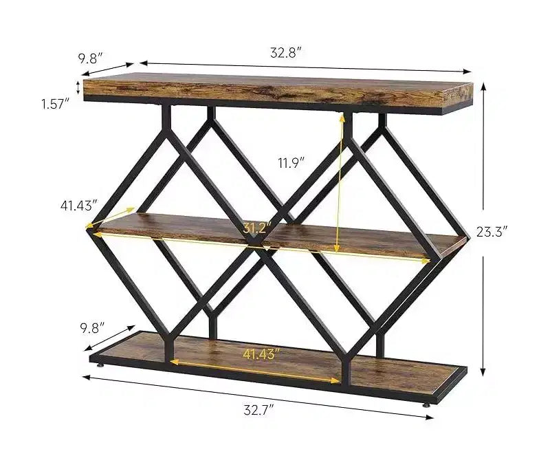 3-Tier Industrial Entryway Table with Diamond Metal Frame, Storage Shelf for Hallway