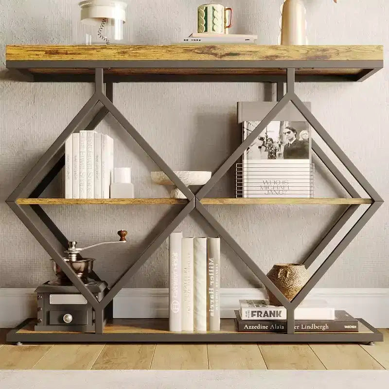 3-Tier Industrial Entryway Table with Diamond Metal Frame, Storage Shelf for Hallway