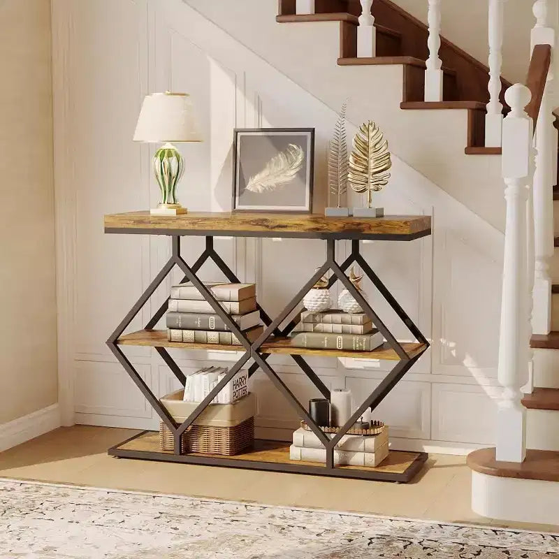 3-Tier Industrial Entryway Table with Diamond Metal Frame, Storage Shelf for Hallway