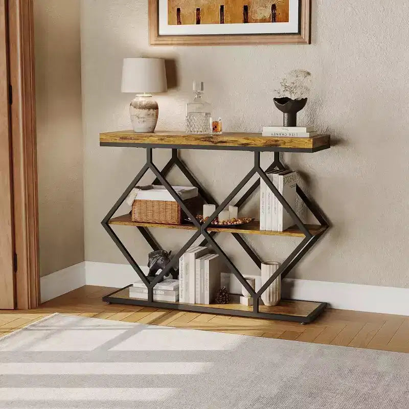 3-Tier Industrial Entryway Table with Diamond Metal Frame, Storage Shelf for Hallway