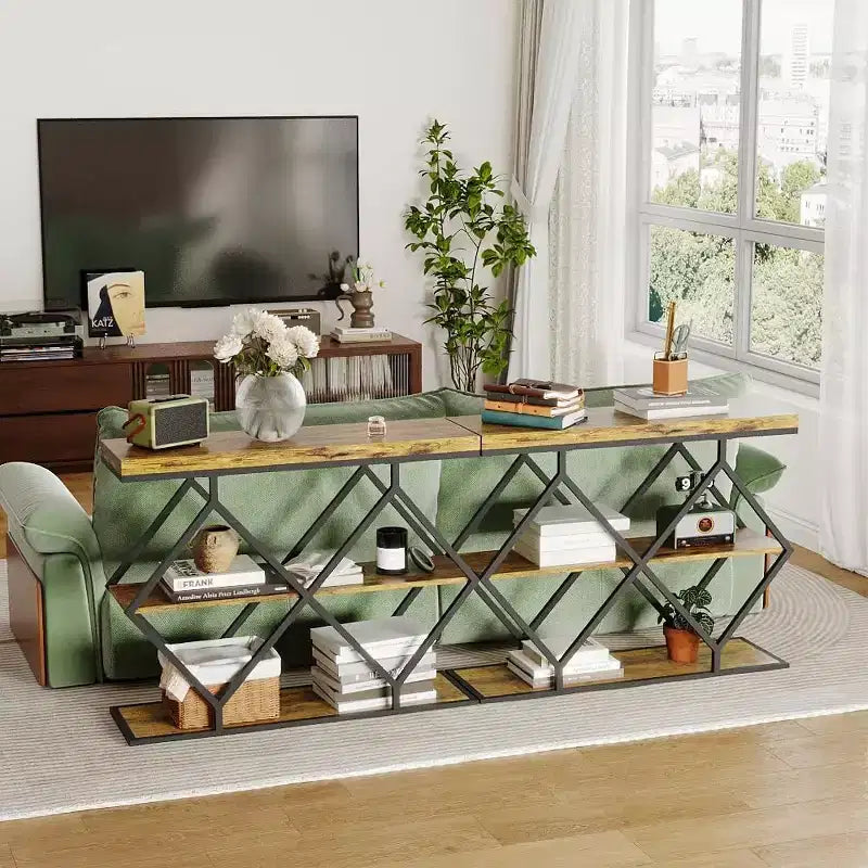 3-Tier Industrial Entryway Table with Diamond Metal Frame, Storage Shelf for Hallway