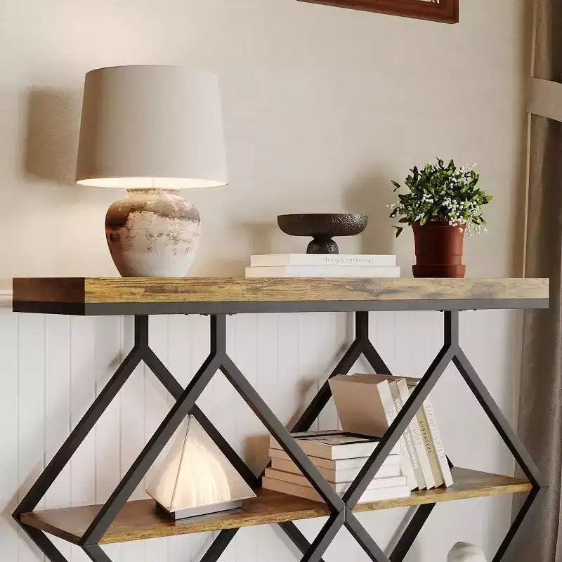 3-Tier Industrial Entryway Table with Diamond Metal Frame, Storage Shelf for Hallway