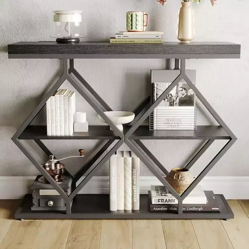3-Tier Industrial Entryway Table with Diamond Metal Frame, Storage Shelf for Hallway