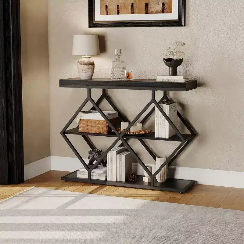 3-Tier Industrial Entryway Table with Diamond Metal Frame, Storage Shelf for Hallway