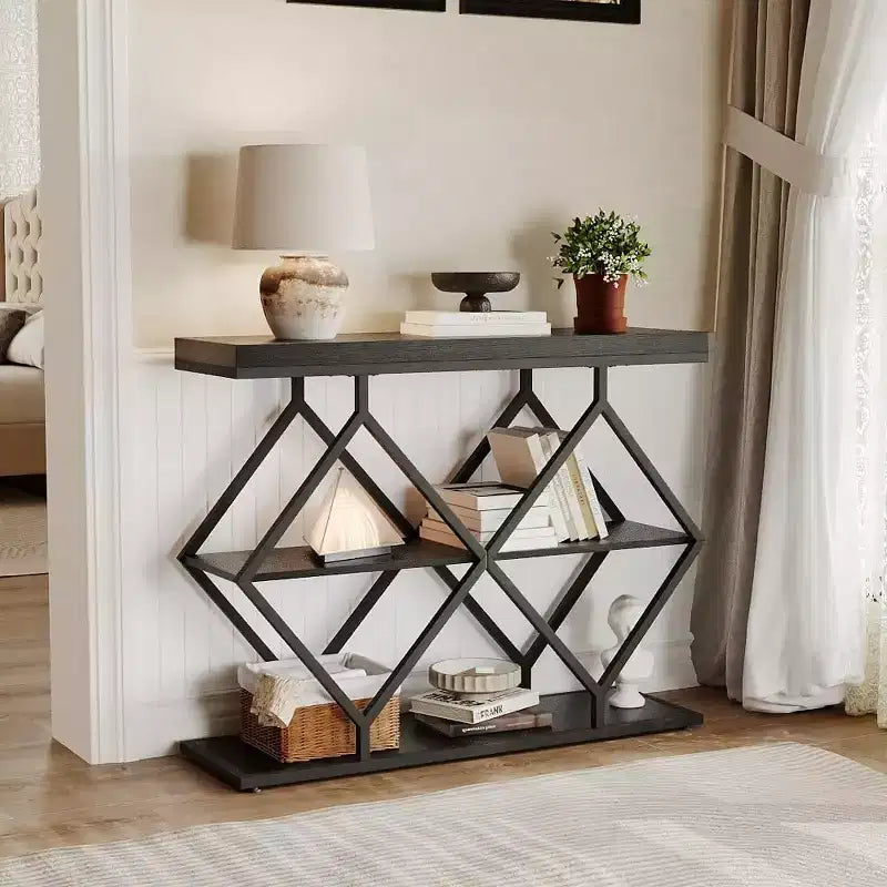 3-Tier Industrial Entryway Table with Diamond Metal Frame, Storage Shelf for Hallway