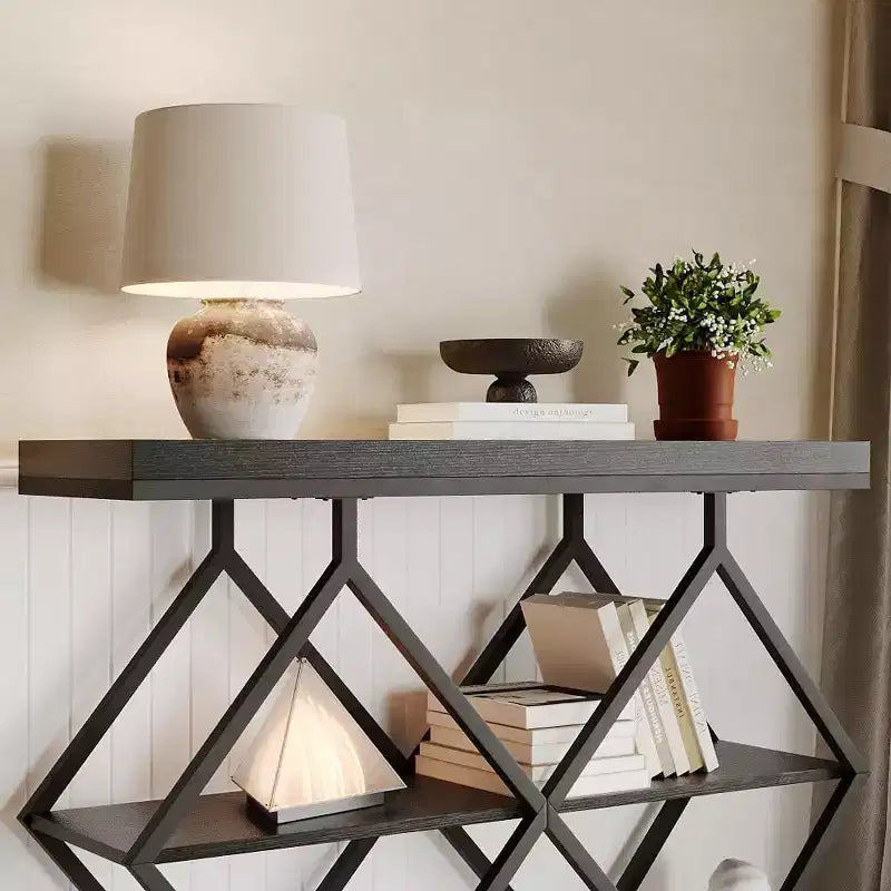 3-Tier Industrial Entryway Table with Diamond Metal Frame, Storage Shelf for Hallway