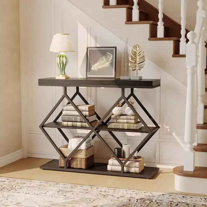 3-Tier Industrial Entryway Table with Diamond Metal Frame, Storage Shelf for Hallway