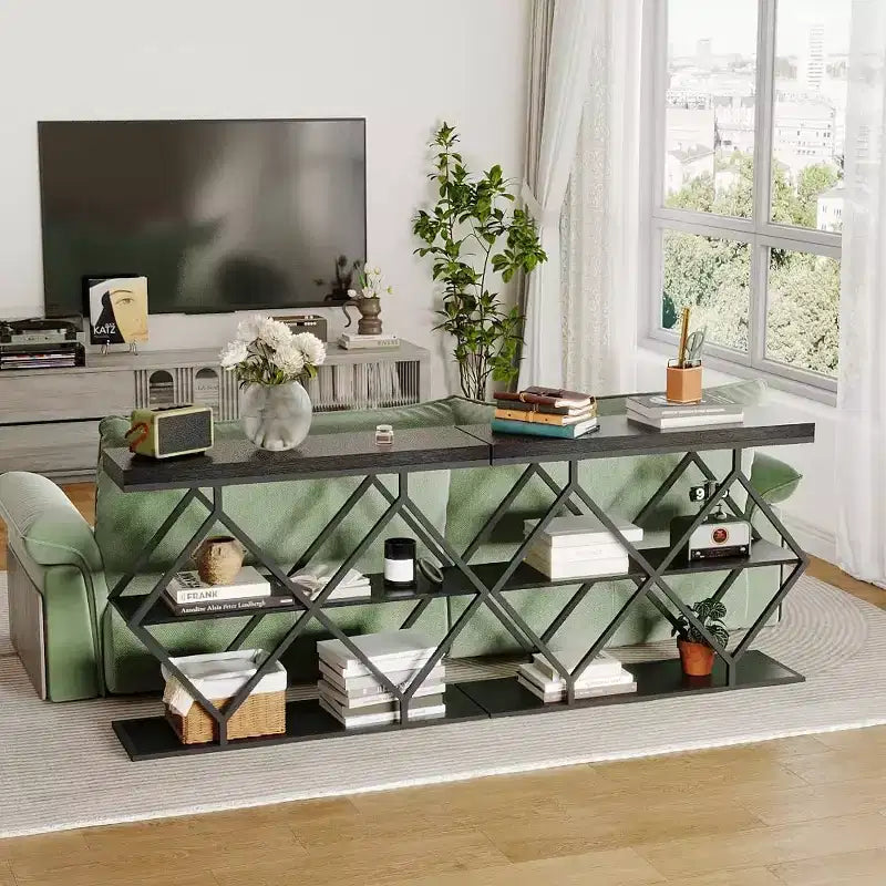 3-Tier Industrial Entryway Table with Diamond Metal Frame, Storage Shelf for Hallway