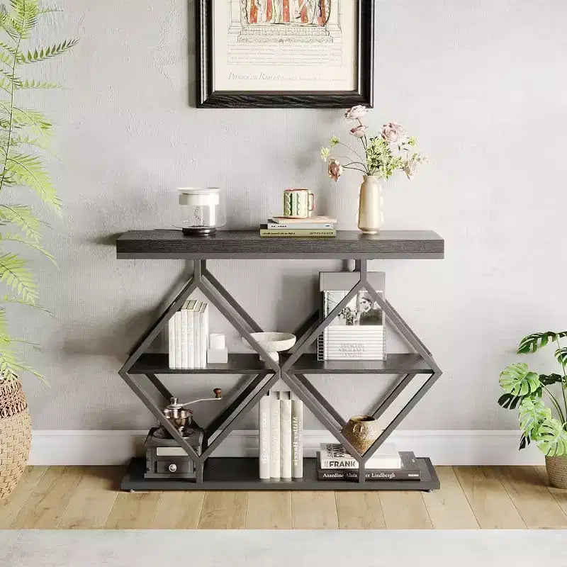 Acekool 3-Tier Industrial Entryway Table with Diamond Metal Frame, Storage Shelf for Hallway