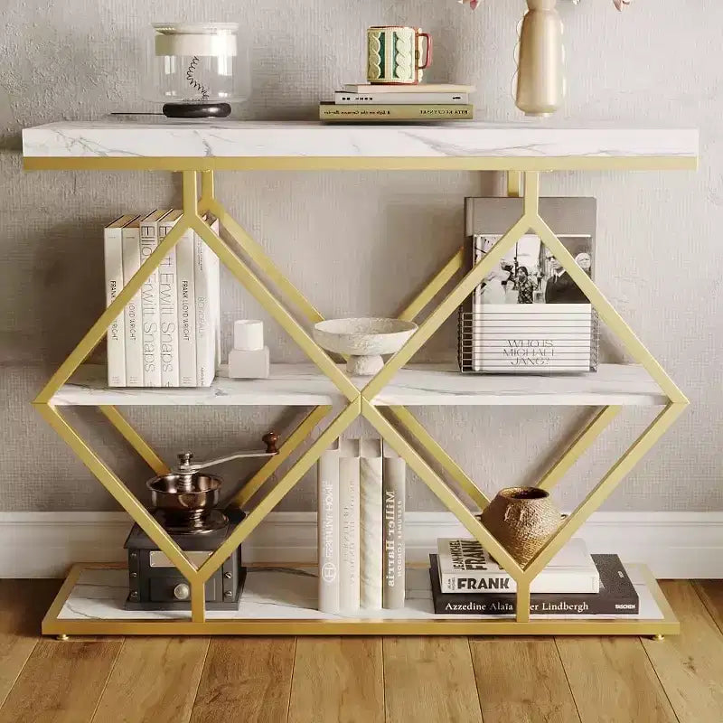 3-Tier Industrial Entryway Table with Diamond Metal Frame, Storage Shelf for Hallway