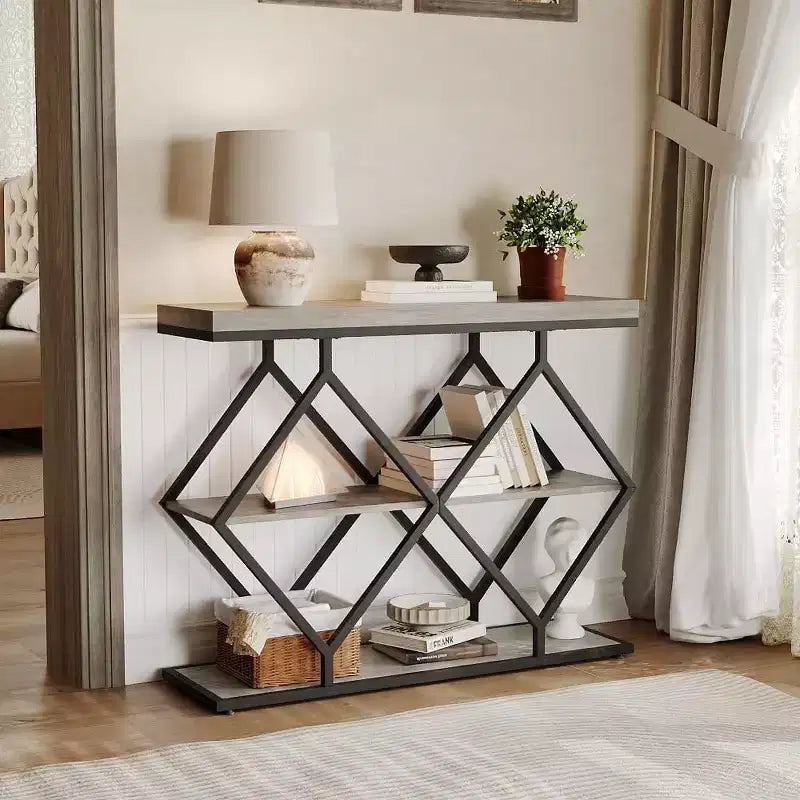 3-Tier Industrial Entryway Table with Diamond Metal Frame, Storage Shelf for Hallway