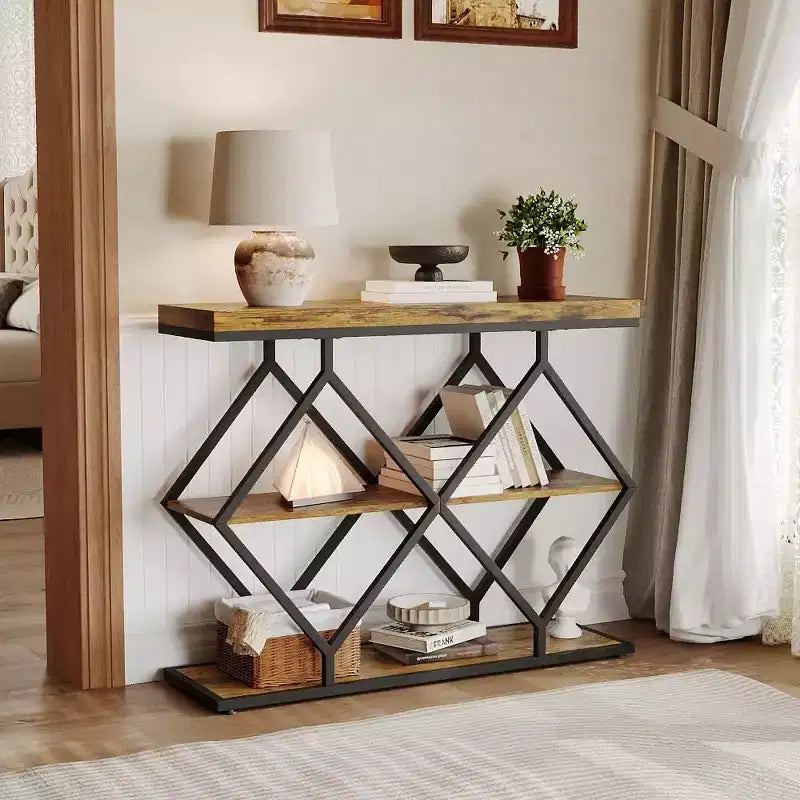 3-Tier Industrial Entryway Table with Diamond Metal Frame, Storage Shelf for Hallway