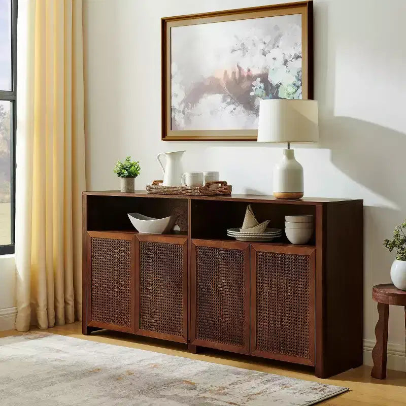 63 Mid-Century Modern Rattan Sideboard Buffet Cabinet with Storage, Large Media Console Table for Living Room, Entryway, or Kitchen-Panipeachy