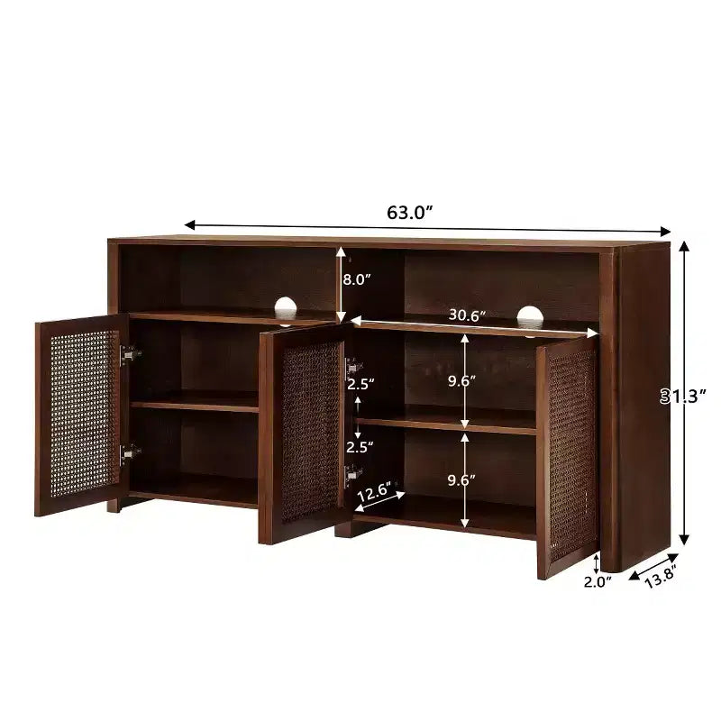 63 Mid-Century Modern Rattan Sideboard Buffet Cabinet with Storage, Large Media Console Table for Living Room, Entryway, or Kitchen-Panipeachy