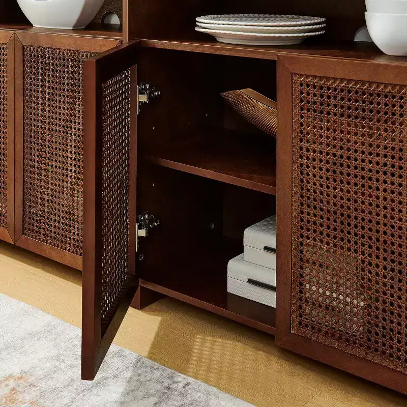 63 Mid-Century Modern Rattan Sideboard Buffet Cabinet with Storage, Large Media Console Table for Living Room, Entryway, or Kitchen-Panipeachy
