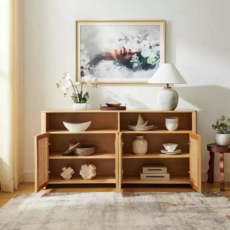 63 Mid-Century Modern Rattan Sideboard Buffet Cabinet with Storage, Large Media Console Table for Living Room, Entryway, or Kitchen-Panipeachy
