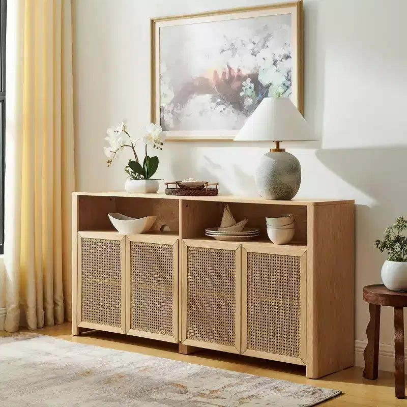 63 Mid-Century Modern Rattan Sideboard Buffet Cabinet with Storage, Large Media Console Table for Living Room, Entryway, or Kitchen-Panipeachy