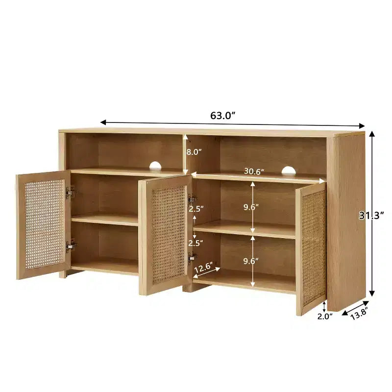 63 Mid-Century Modern Rattan Sideboard Buffet Cabinet with Storage, Large Media Console Table for Living Room, Entryway, or Kitchen-Panipeachy