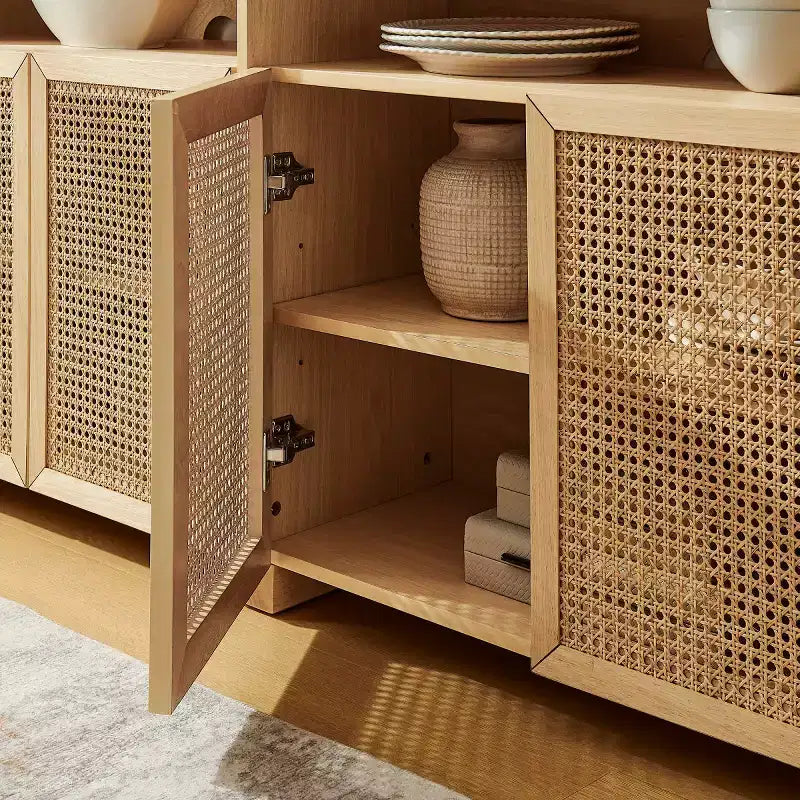 63 Mid-Century Modern Rattan Sideboard Buffet Cabinet with Storage, Large Media Console Table for Living Room, Entryway, or Kitchen-Panipeachy