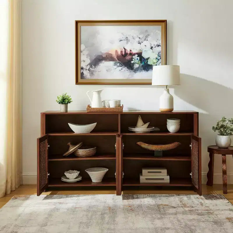 63 Mid-Century Modern Rattan Sideboard Buffet Cabinet with Storage, Large Media Console Table for Living Room, Entryway, or Kitchen-Panipeachy