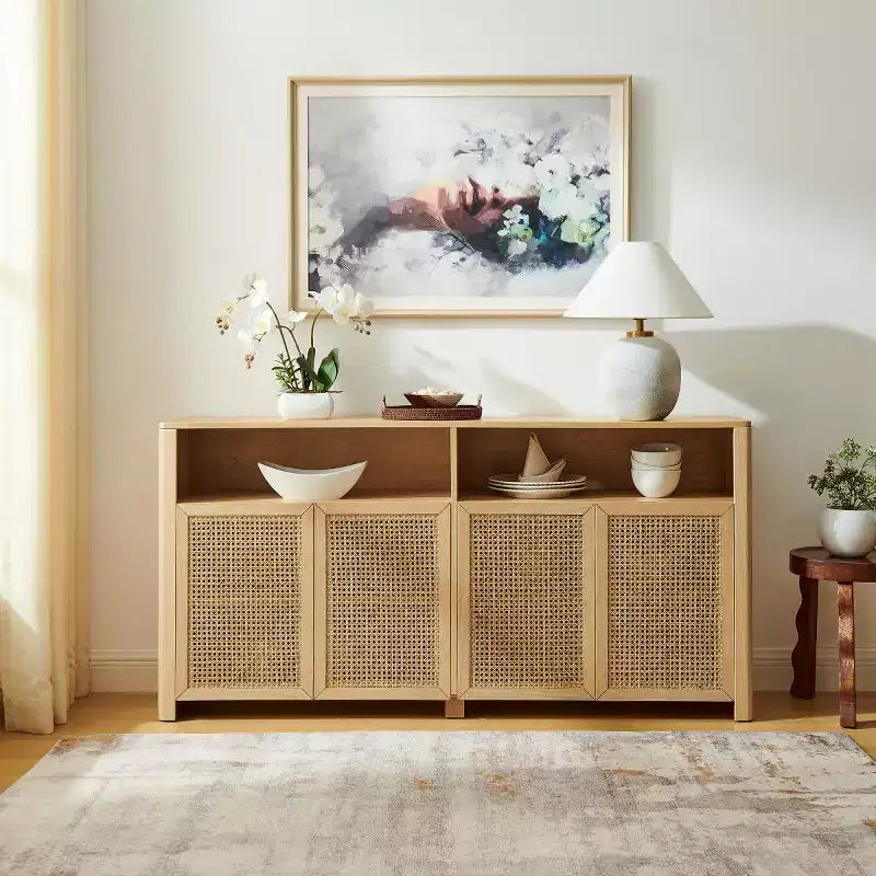 63 Mid-Century Modern Rattan Sideboard Buffet Cabinet with Storage, Large Media Console Table for Living Room, Entryway, or Kitchen-Panipeachy