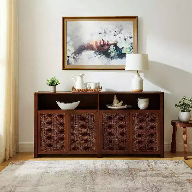 63 Mid-Century Modern Rattan Sideboard Buffet Cabinet with Storage, Large Media Console Table for Living Room, Entryway, or Kitchen-Panipeachy