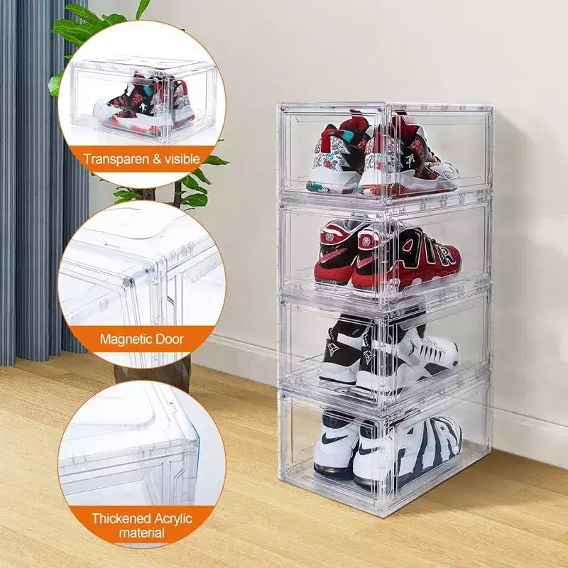 6 PCS Shoe Organizer, Clear Plastic Stackable Shoe Organizer for Closet, Clear Plastic Stackable Shoe Box for Entryway Space Saving Collapsible Shoe