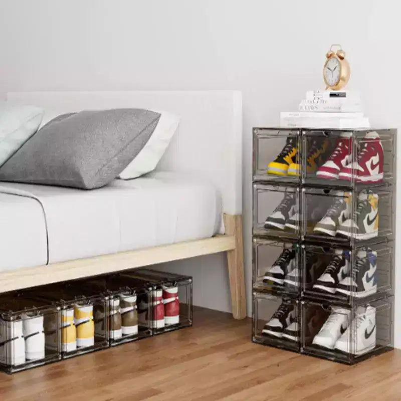 6 PCS Shoe Organizer, Clear Plastic Stackable Shoe Organizer for Closet, Clear Plastic Stackable Shoe Box for Entryway Space Saving Collapsible Shoe