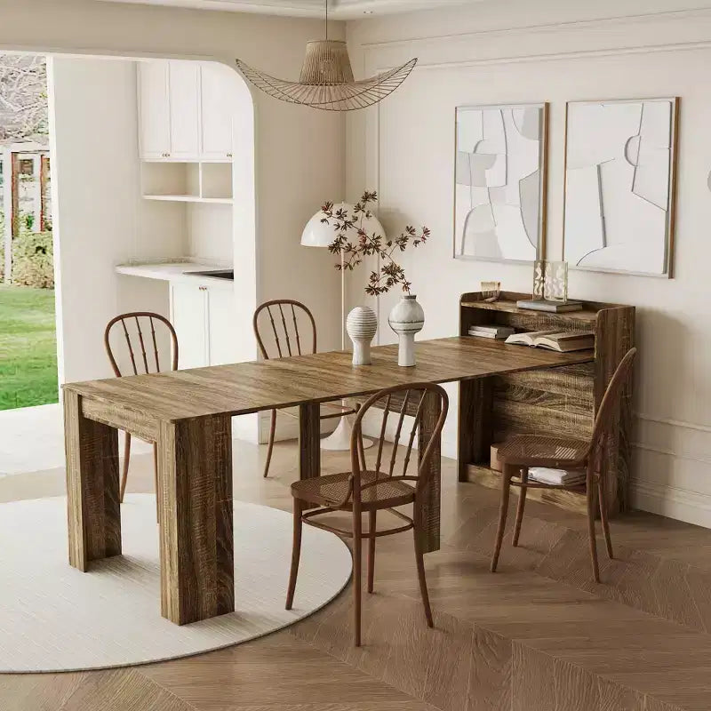 Modern Extendable Dining Table with Storage, Versatile Space Saving Rectangular Table for Kitchen Dining Room Living Room Small Space, Natural