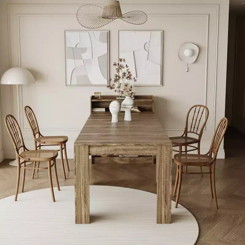 Modern Extendable Dining Table with Storage, Versatile Space Saving Rectangular Table for Kitchen Dining Room Living Room Small Space, Natural