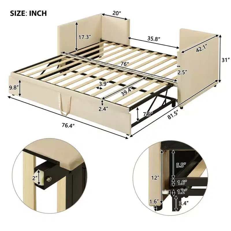 Twin Size Upholstered daybed with Pop Up Trundle for Living Room and Guest Room