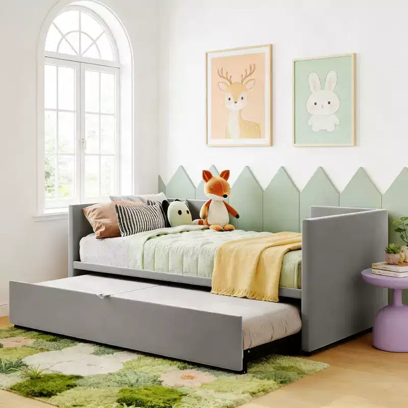 Twin Size Upholstered daybed with Pop Up Trundle for Living Room and Guest Room