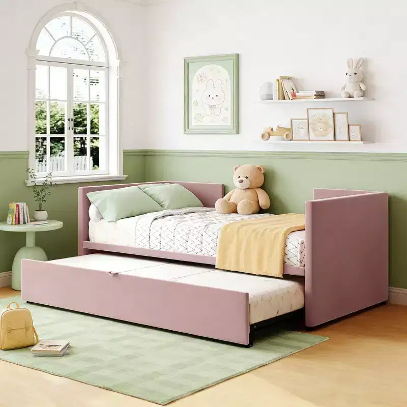 Twin Size Upholstered daybed with Pop Up Trundle for Living Room and Guest Room