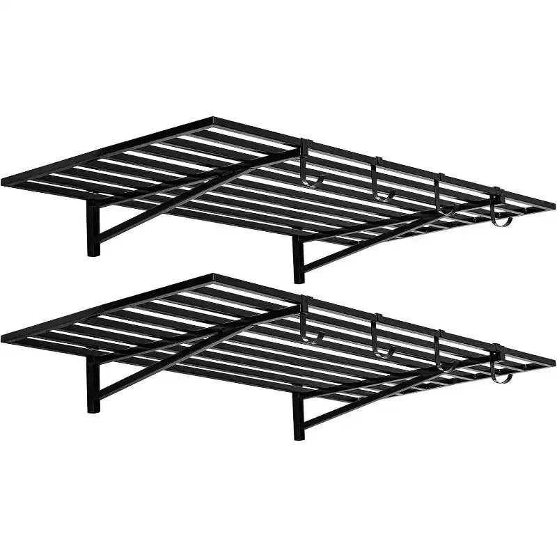 Heavy Duty Wall Mounted Garage Shelving with Hooks,200 lbs Load Capacity per Shelf, Black, 2-Pack