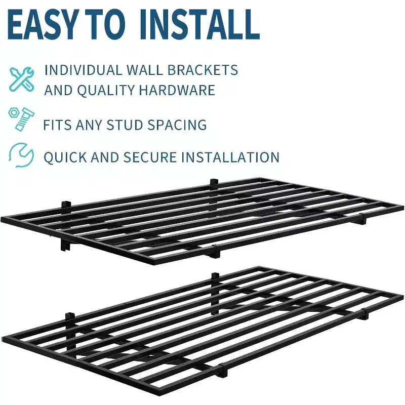 Heavy Duty Wall Mounted Garage Shelving with Hooks,200 lbs Load Capacity per Shelf, Black, 2-Pack