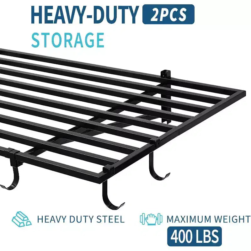 Heavy Duty Wall Mounted Garage Shelving with Hooks,200 lbs Load Capacity per Shelf, Black, 2-Pack