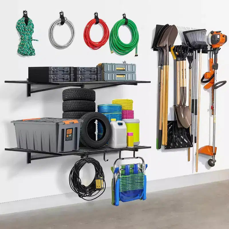 Heavy Duty Wall Mounted Garage Shelving with Hooks,200 lbs Load Capacity per Shelf, Black, 2-Pack