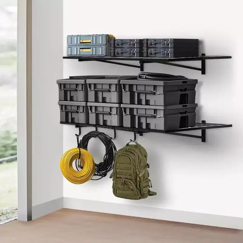 Heavy Duty Wall Mounted Garage Shelving with Hooks,200 lbs Load Capacity per Shelf, Black, 2-Pack