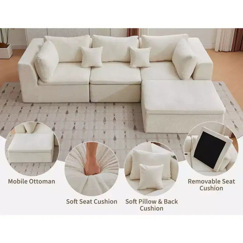 Sofa, 110 Convertible L-Shaped Modular Cloud Couch Chenille Deep Seat with Ottoman/Chaise Memory Foam Pillows for Living Room